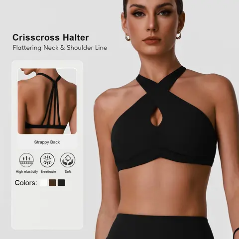 Women's Seamless Solid-Color Sports Top Bra with Crisscross Halter, Breathable Wire-Free Stretch Design for Workouts and Casual Daily Wear