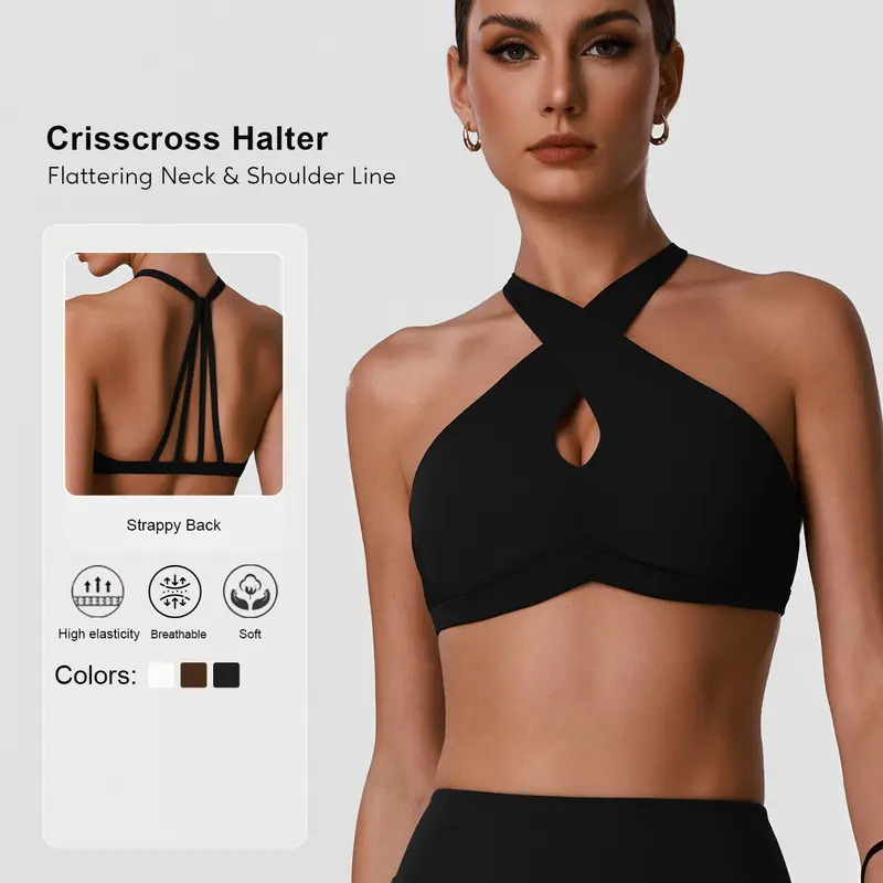 Women's Seamless Solid-Color Sports Top Bra with Crisscross Halter, Breathable Wire-Free Stretch Design for Workouts and Casual Daily Wear