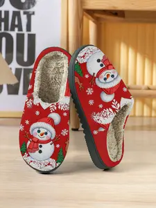 Snowman Theme Printed Slippers Unisex Couple Fit, Soft Skin-Friendly Comfort, Casual Home Wear, Fall & Winter Season, Cute Snowman Element