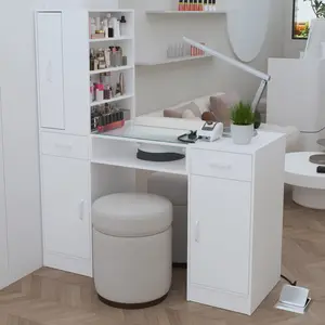 Manicure Table Nail Desk for Nail Tech with Glass Top & Wrist Rest,Nail Desk Station with Power Outlets,Shelves, Storage Cabinets, Drawers,Beauty Salon Workstation(White)