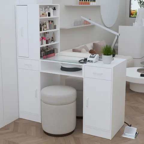 NAIYUFA Commercial Salon Nail Table - Manicure Salon Set with Waterproof Glass Top, Padded Arms, Power Outlets, MDF Shelves, Storage Cabinets, Drawers, Wrist Rest, 4-Layer Open Storage Rack, 15.75"d x 47.24"w x 54.81"h, Assembly Required (White)
