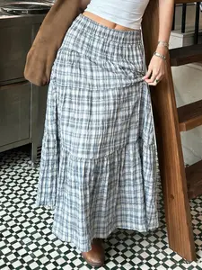 Street Casual Loose Plaid Print A-Line Skirt, Fashionable Long Hem Design, Perfect for All Seasons, Comfortable Loose Fit Style, Casual Skirts