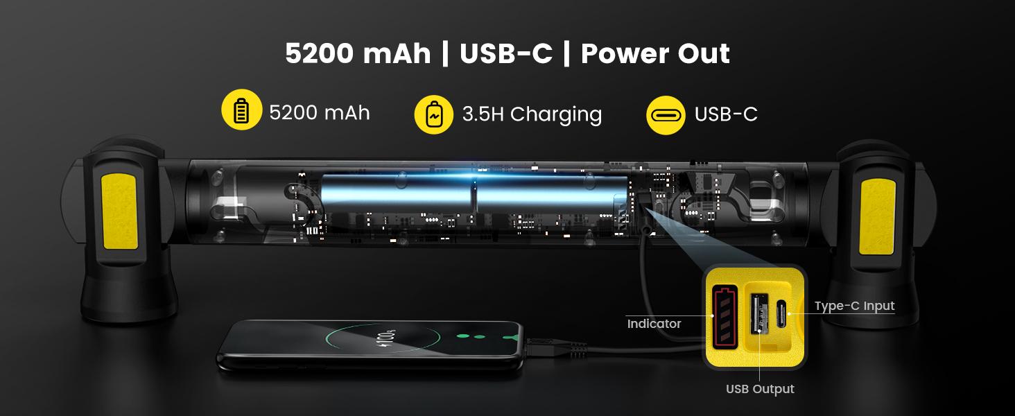 Magnetic LED Work Light Bar, 5200mAh /3000LM Rechargeable Inspection Lamp - 3 Color Modes 360° Adjustable USB Output IP55 Waterproof, Car Repairing Inspection Garage Workshop Emergency-Yellow
