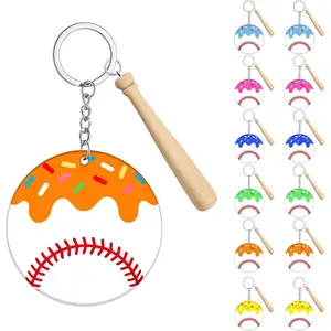 12Pcs Ice Cream Drip Baseball Keychain with Wooden Bat, Wooden Bat & Acrylic Token, Ice Cream Drip Baseball Party Favors Decorations, Theme Team Gifts for Backpack Decor, Sports Party Supplies