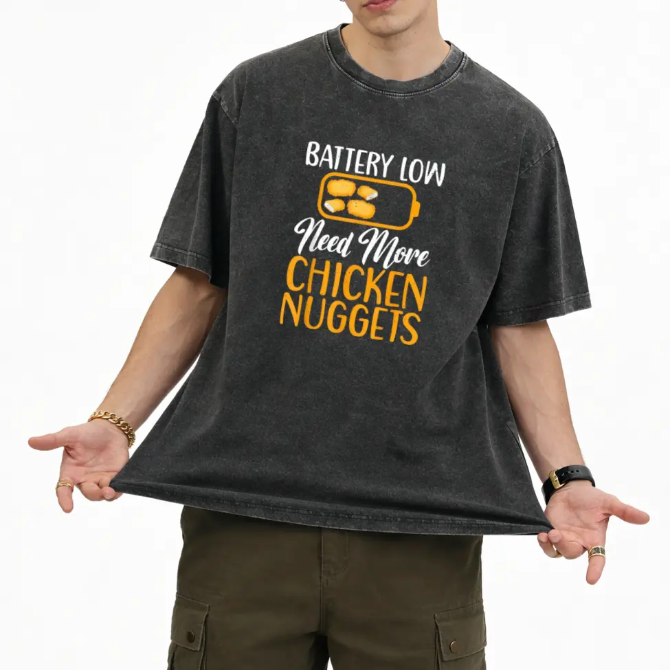 Funny 'Battery Low Need More Chicken Nuggets' Graphic Tee – Breathable, Relaxed-Fit Sports Shirt for Nugget Lovers