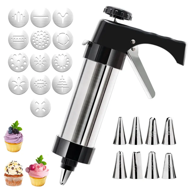 Stainless Steel Cookie Press Gun Kit with 13 Discs & 8 Icing Piping Tips Baking Cookie Maker Icing Decorating Gun for Cookies Cakes Pastry Dessert Baking Decoration