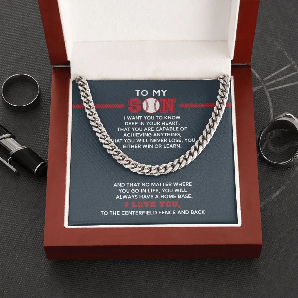 Elegant Stainless Steel Yellow Gold-Plated Baseball Cuban Necklace for Men - Adjustable Chain, Engraved "Achieve Anything" "Home Base", Birthday Gift for Son, Baseball Theme, Complimentary Soft-Touch Box, LED Spotlight, Casual Jewelry Accessory, Anniversa