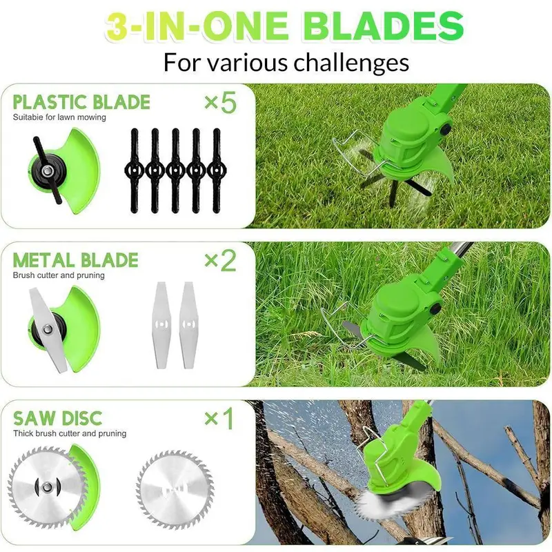 Cordless grass trimmer in use in a garden