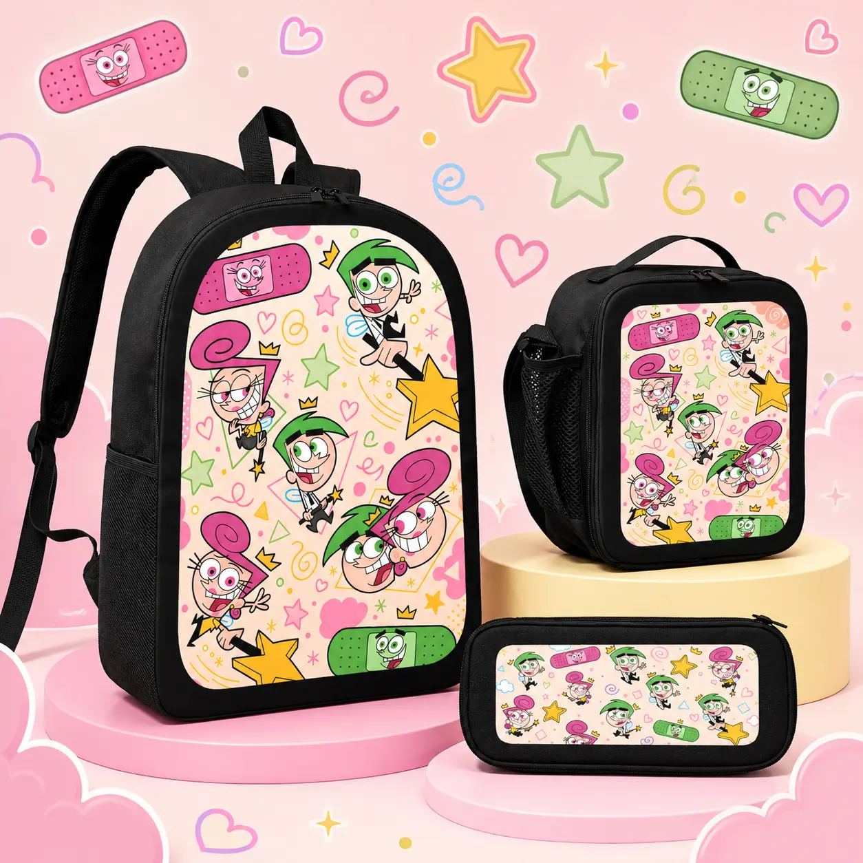 The Fairly OddParents Style Backpack, Cute Lightweight Laptop Backpack Set, Casual Weekend Travel Daypack, Trendy Cartoon Student Bookbag
