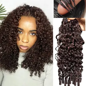 Burmese Curly Crochet Human Hair Pre-Separated Invisble Micro Loop Human Crochet Hair Extensions Seamless and Knotless Feather Crochet Human Hair  4# Medium Brown 100 Strands(2 Pack 120g)