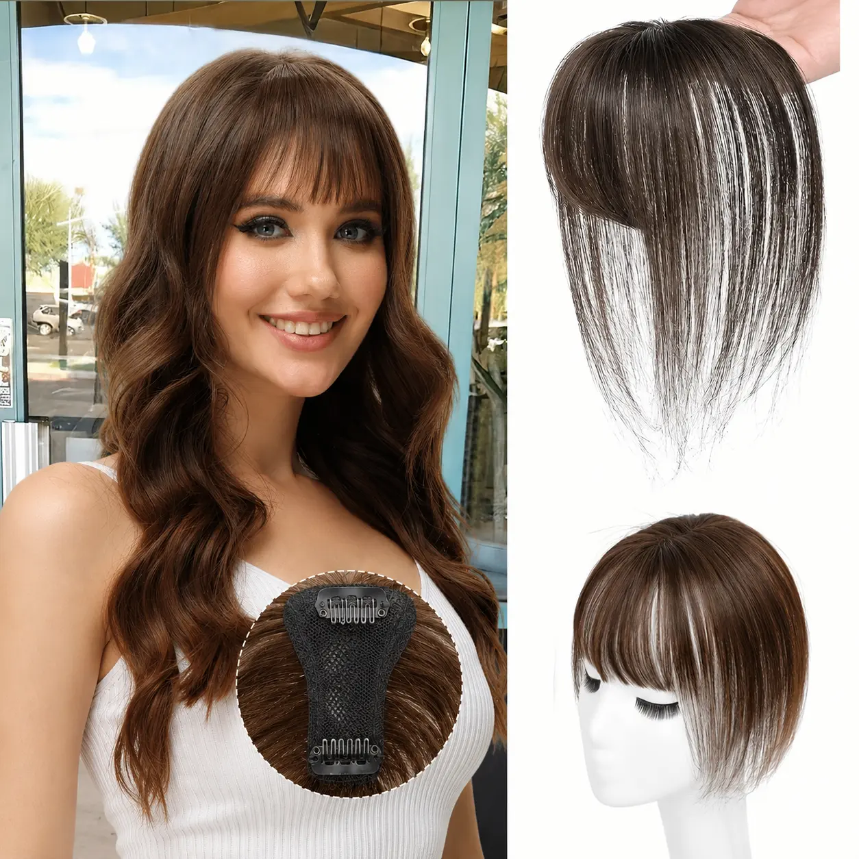 BRFUNNY Real Hair Topper for Women with Bangs, 4x6cm Swiss Lace Base Clip In Crown Hairpiece, Covers Thinning Hair & Gray Roots, Mocha Brown