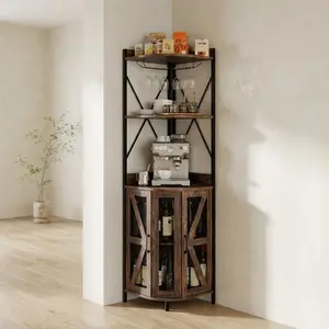 Click to see full view       2+ Corner Wine Rack, 4-Tier Wine Rack Shelf + Foldable Freestanding, Industrial Bar Shelf + Metal Frame Wood Shelves, Wine Storage for Small Spaces Living Room Kitchen