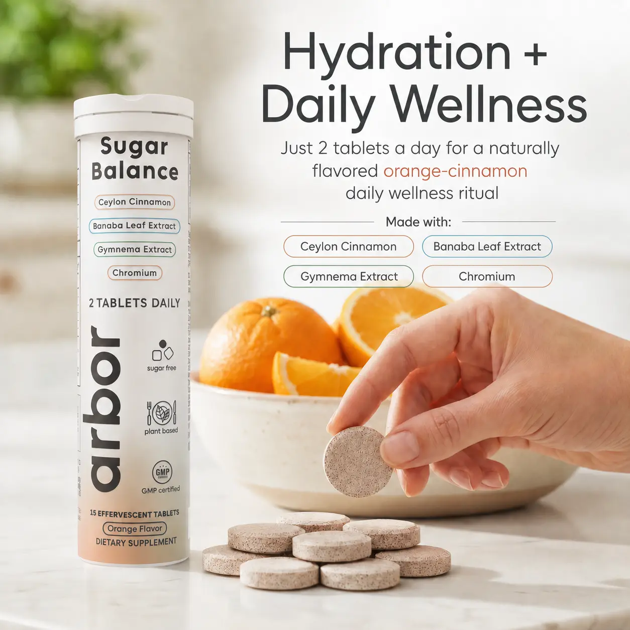 Arbor Ceylon Cinnamon Effervescent Tablets – Zero Sugar Orange-Cinnamon Wellness Drink Tablets with Banaba, Gymnema & Chromium, 15 Count