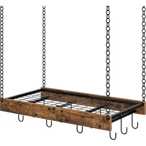 Vintage Ceiling Mounted Hanging Pot Rack for Kitchen, Pot and Pan Hanging Storage Rack with 12 S-Shaped Hooks, Rustic Brown and Black, Ideal for Cookware Storage TPR01BF