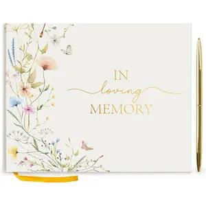 Funeral Guest Book for Memorial Service, in Loving Memory Guest Book with Gold Pen Please Sign Table Card, Wild Floral Funeral Sign in Book for Guests (7" x 9")