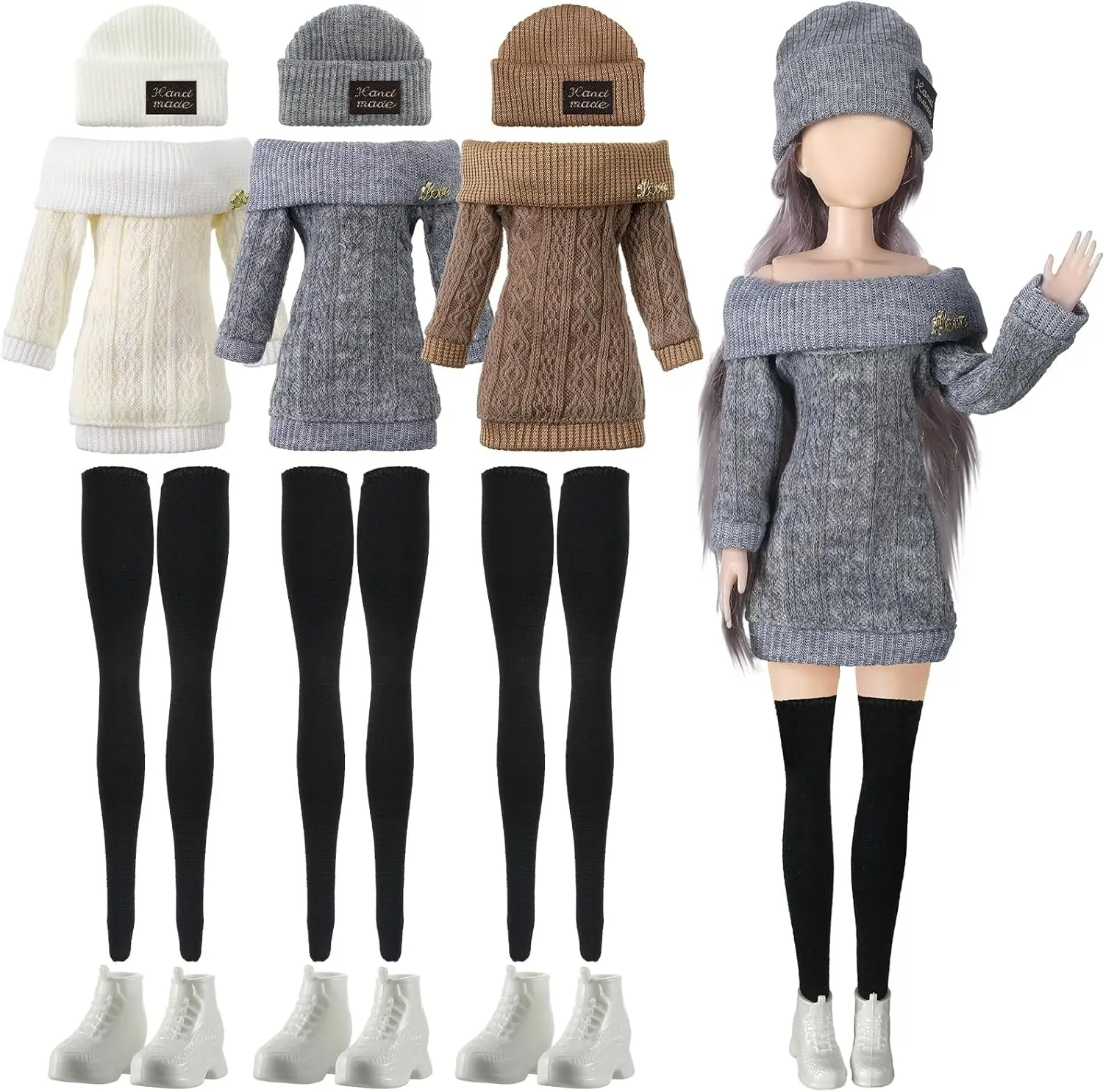 12-Piece Doll Clothes & Accessories Set for 12-Inch Dolls – Summer Outfits with Sweater, Pants, Shoes & Hat – Gray, Brown & Cream White