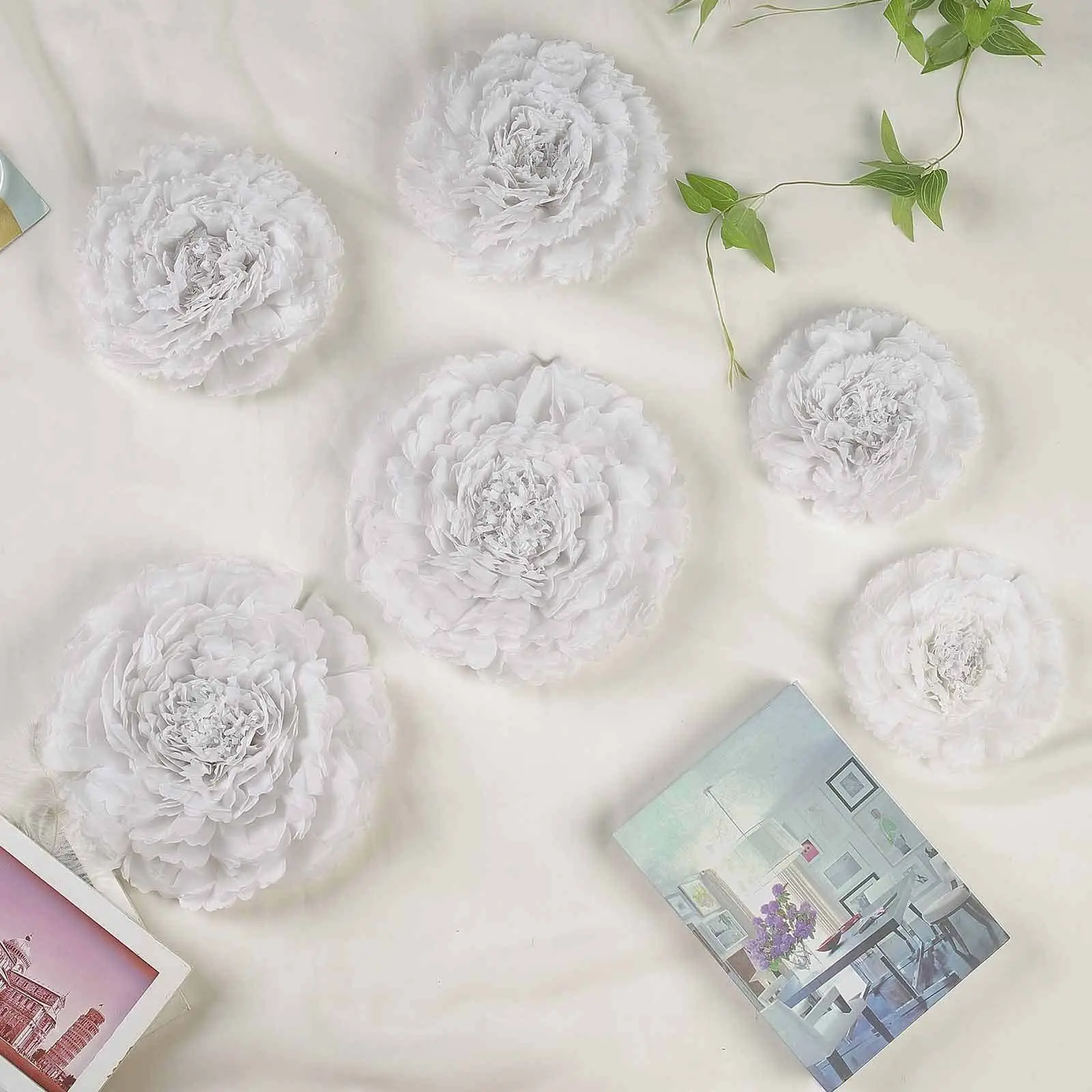 Set of 6 White Carnation 3D Paper Flowers Wall Decor - 7",9",11", Decoration, Ornaments, Wedding, Home Inspo