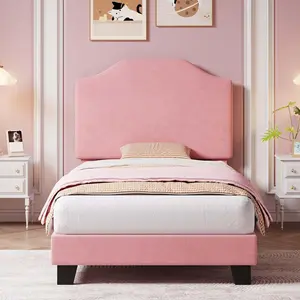 Garvee Twin Bed Frame with Corduroy Upholstered Headboard in Pink, Featuring Wood Slat Support, Noise-Free Design, Non-Slip Base, No Box Spring Required, Easy Assembly, Suitable for Teens and Young Individuals