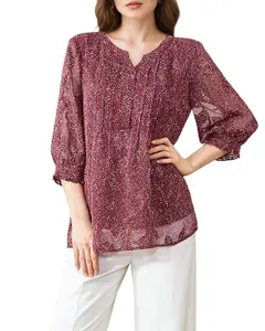 V-neck lantern sleeve blouse for women, loose polka dot printed shirt, loose daily top  LE-SY041