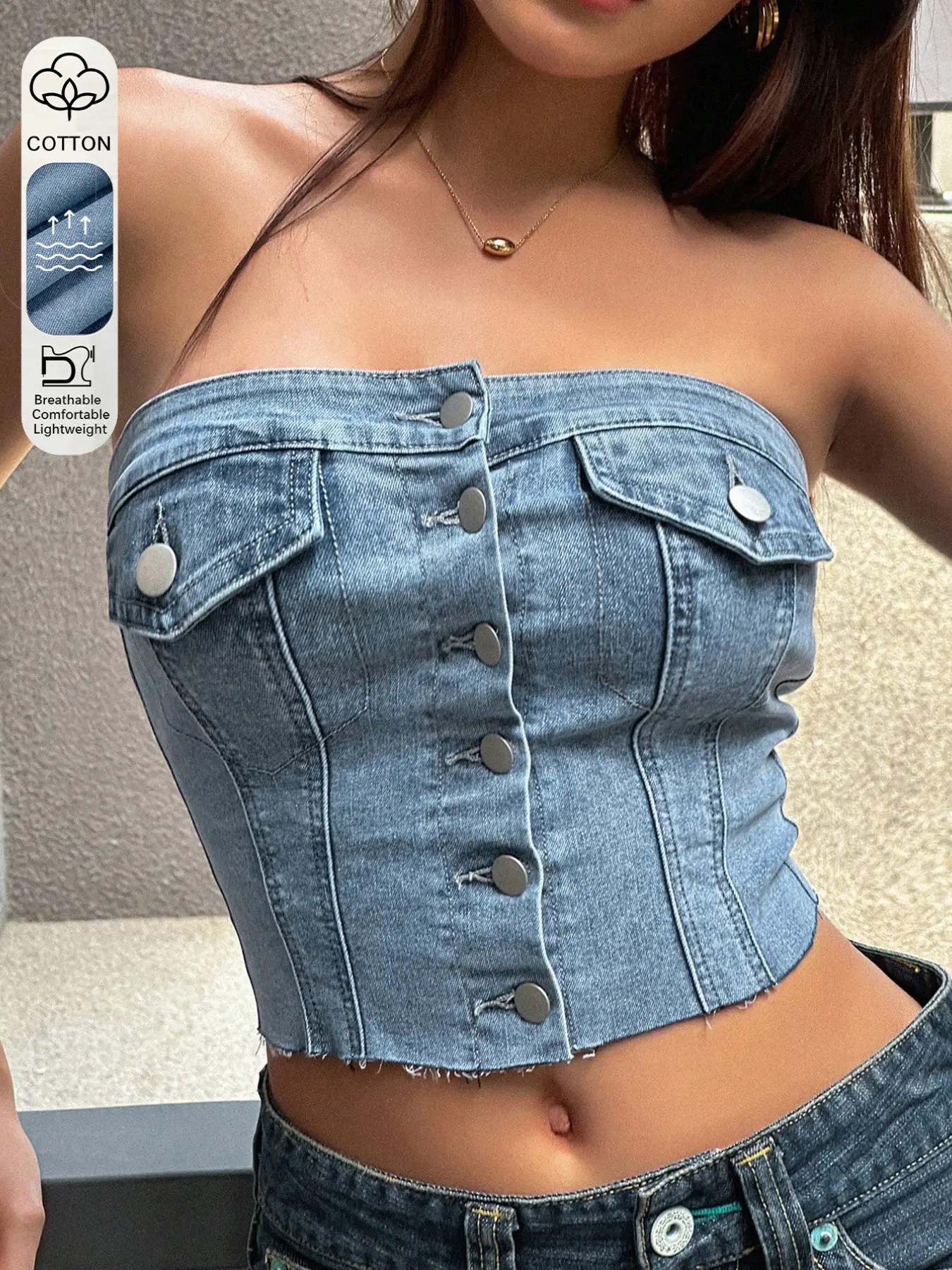 Women's Vintage Light Wash Denim Tank Top, Elastic Strapless Vest, Slim-Fitting Short Sleeve, Casual Streetwear, Y2K Fashion, Daily Wear, Sleeveless, Casual Flattering Sleeveless