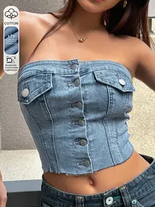 Women's Vintage Denim Tank Top, Elastic Strapless Vest, Slim-Fitting Short Sleeve, Casual Streetwear, Y2K Fashion, Daily Wear