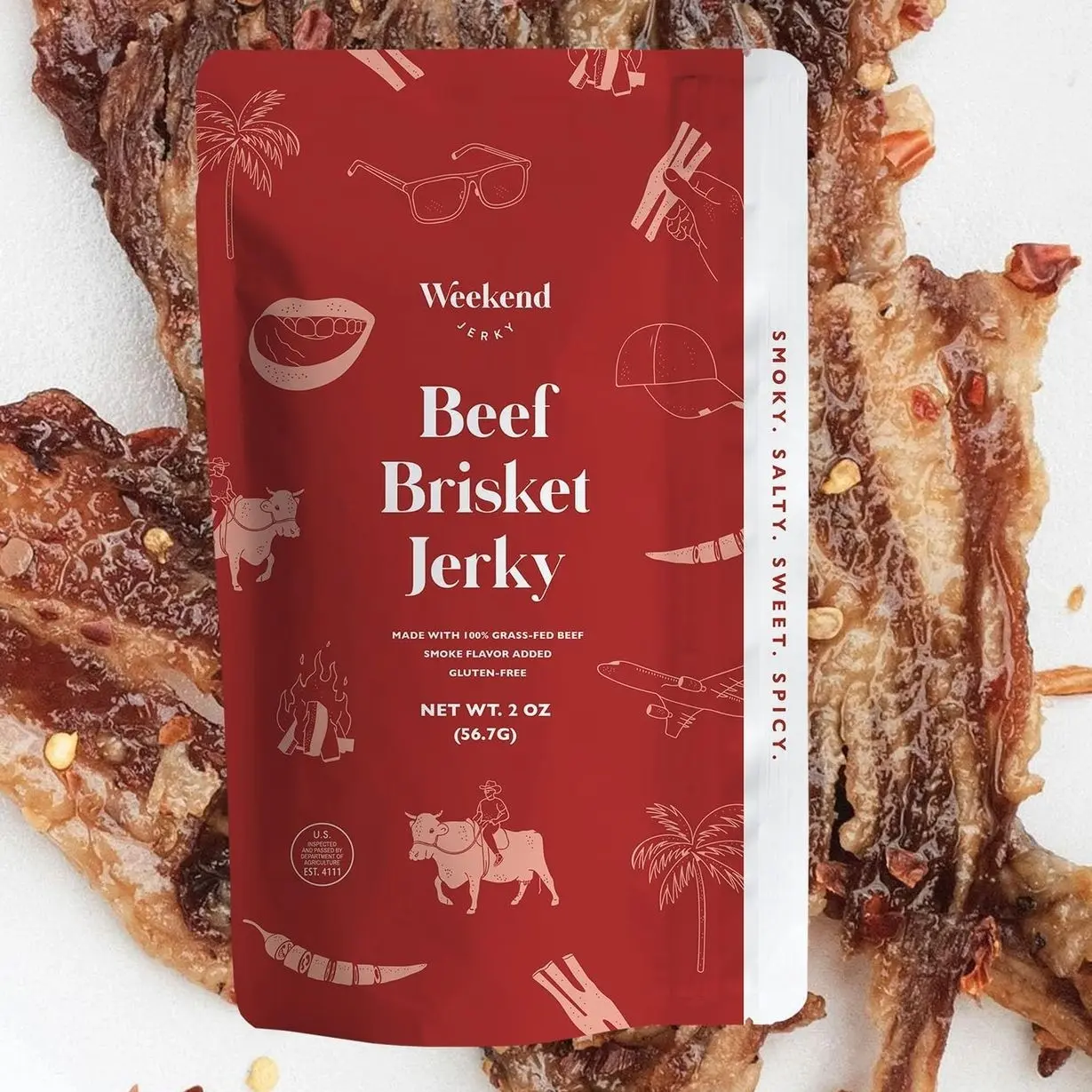 Premium Beef Brisket Jerky by Weekend Jerky - Made with 100% Grass-Fed Beef Gluten-Free Sweet Spicy Smoky Salty Fatty Thin Crispy Super Tasty Flavorful Highly Addicting No Added Refined Sugars (2oz)