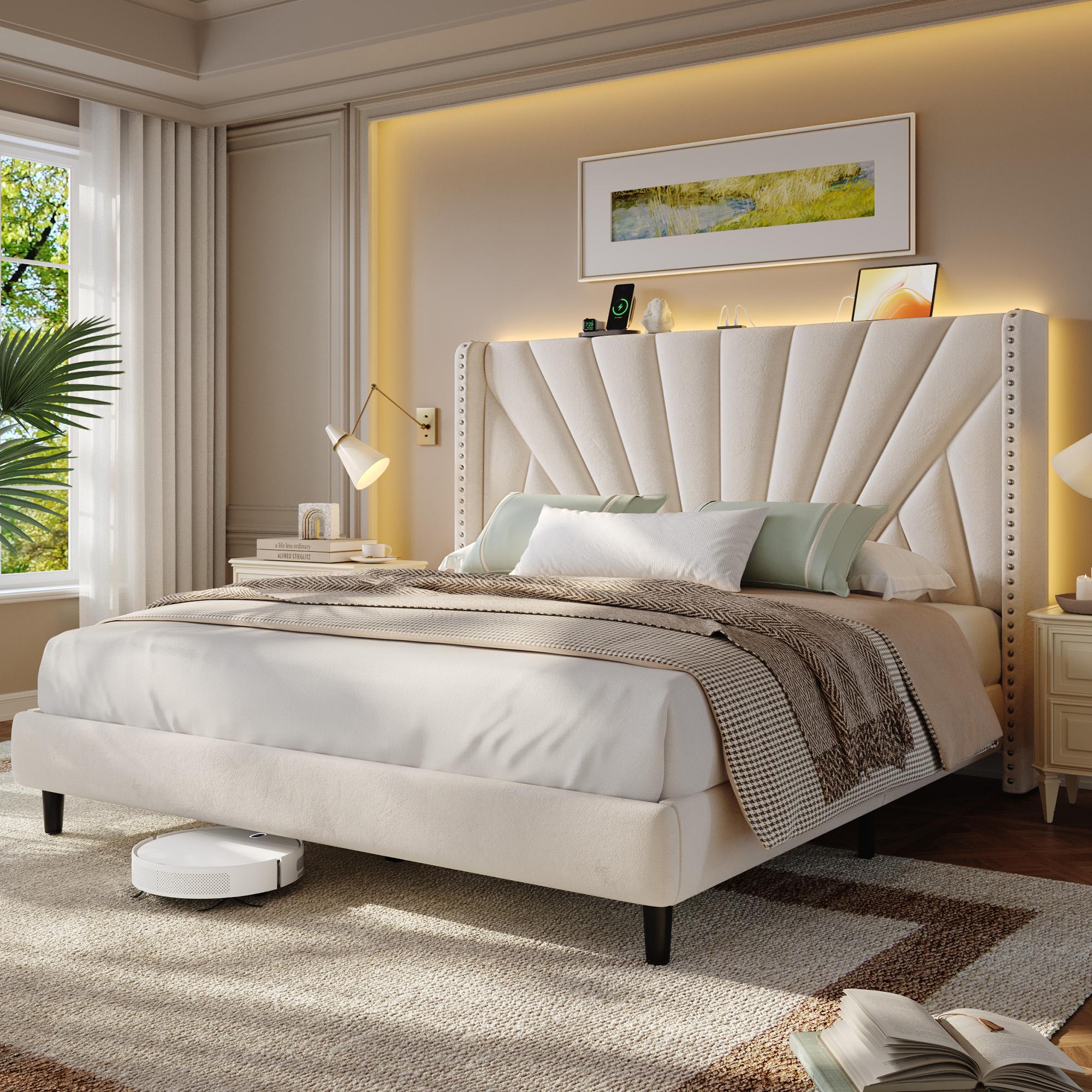 Solid Wood Queen/King Size Bed Frame with 51" Velvet Upholstered Headboard, up to 900 LBS Foundation with All Sturdy Metal Support,Headboard with Charging Station and LED Lights, Wingback Headboard, No Box Spring Needed, Noise-Free,Easy Assembly