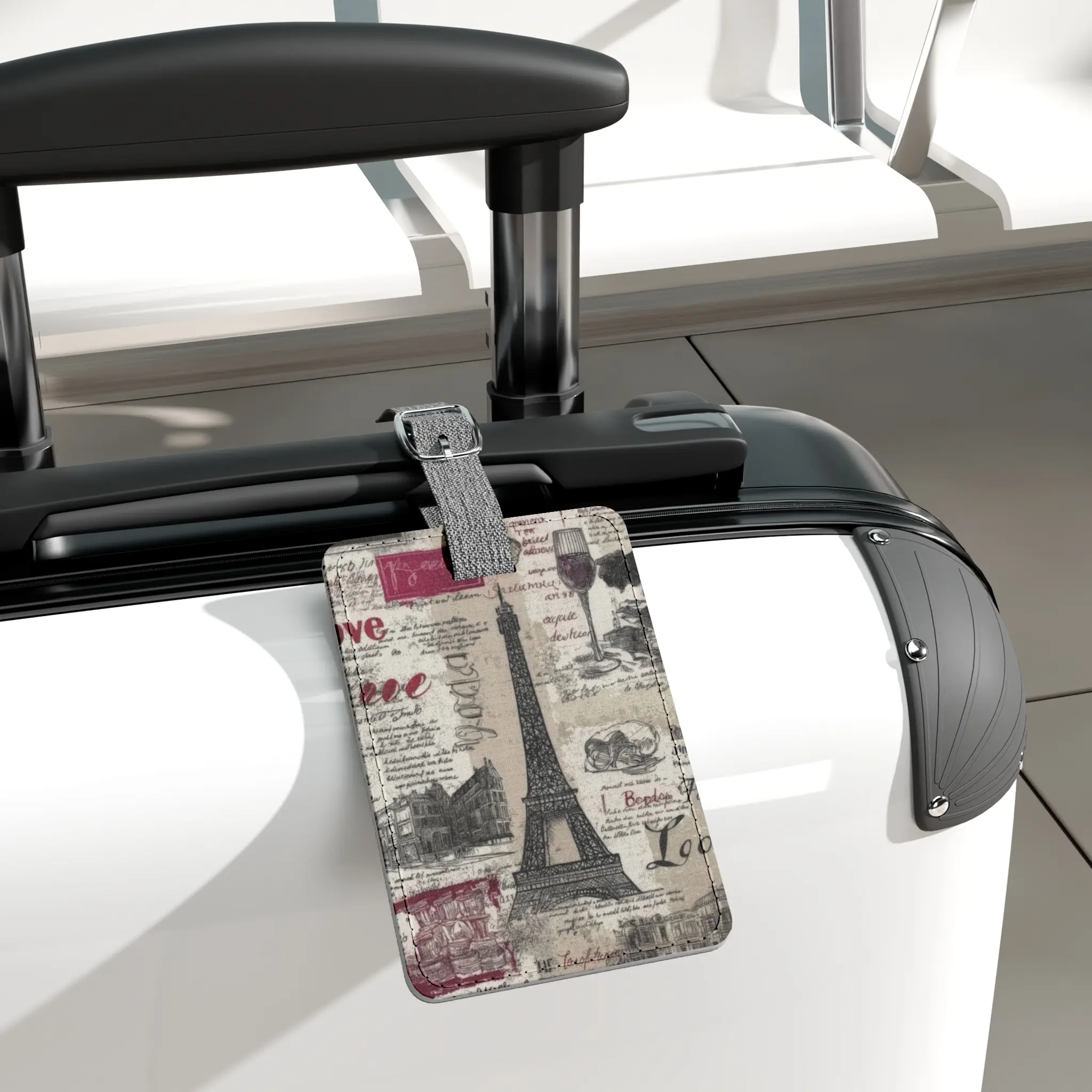 Vintage-Inspired Charcoal Eiffel Paris Motif Polyester Luggage Tag for Adults, 3"x4.5", Front-Side Custom Design, Saffiano Synthetic, Muted Tones, Advanced Printing, Lightweight, Buckle Closure, Airport Use, One Size