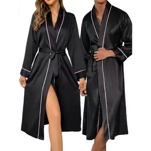 Set of 2 Luxurious Satin Robes for Couples - Soft, Long Sleeve, V-Neck, 100% Polyester Silky Sleepwear - Solid Color, Casual, All-Season, Cozy Bathrobe for Adults, Perfect for Relaxation and Lounging Fabric Womenswear