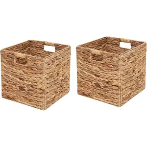 Wicker Storage Basket Water Hyacinth Woven Basket Wicker Storage Cubes,Foldable Baskets for Shelves,Handwoven Laundry Totes for Bedroom,12x12x12inch,Set of 2