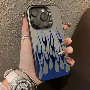 [Trending] Blue flame pattern colored silver phone case suitable for IPHONE 16 15 14 13 12 11 Plus Pro Max - Creative and fashionable design, suitable for both men and women, a perfect holiday gift for friends, family, boyfriend, or girlfriend, full cover