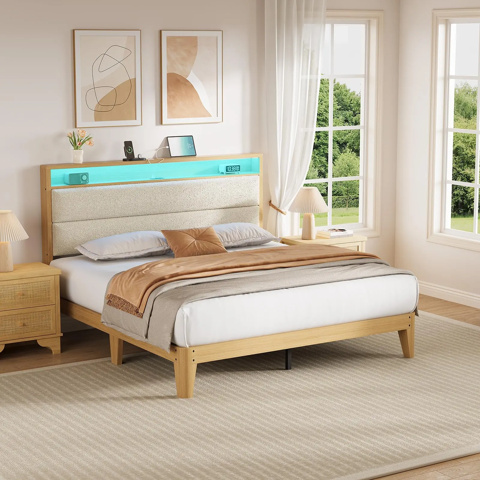 Garvee Cream Queen Size Boucle Fabric Upholstered Platform Cloud Bed Frame - Headboard with App-Controlled RGB LED Light, USB Port Charging Station, Dual Storage, No Box Spring Needed, Easy Assembly for Modern Bedroom