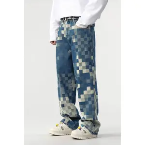 Menswear CakeBoi Plaid Patchwork Oversized Wide-Leg Jeans, Streetwear Trouser Pants