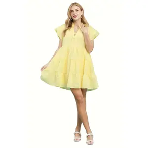 Umgee Yellow Tiered Ruffle Sleeve Textured Mini Dress