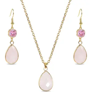 Teardrop Sea Sediment Imperial Jasper  Stone  Necklace Pendant & Drop Dangle Hook Earrings  Set For Women