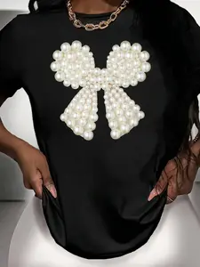 [Chic T-shirt] Circle Chic Women's Casual Short Sleeve T-shirt Pearl Bow Printed Round Neck Top, Black with White Pearl, Machine Washable and Dry Cleanable, Spring/Summer Multifunctional Wardrobe Staples, Daily Comfortable T-shirt, Chic Women's Style