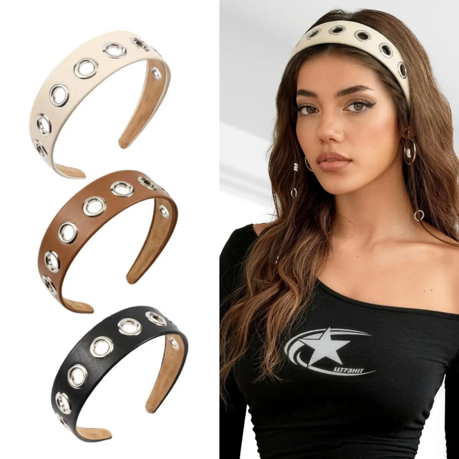 3Pcs Eyelet Grommet Wide Headbands for Women, Punk Gothic Non‑Slip Stretchy Hair Headbands, Hollow Hole Design Hair Accessories for Thin Thick Hair, Daily Casual Party Use - Home Improvement.