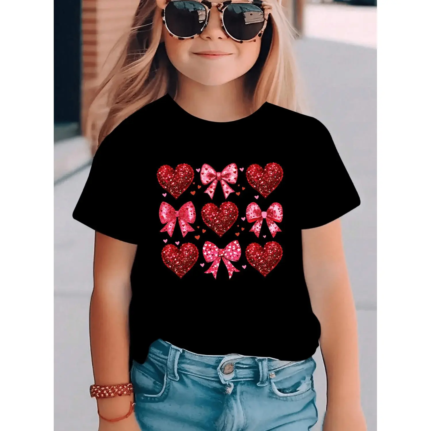 Printed Design - Not Textured Valentine's Day Summer Fashion Girls' Short-Sleeve T-Shirt with Bow, Heart, and Nine-Square Cartoon Pattern Print, Casual and Versatile Top