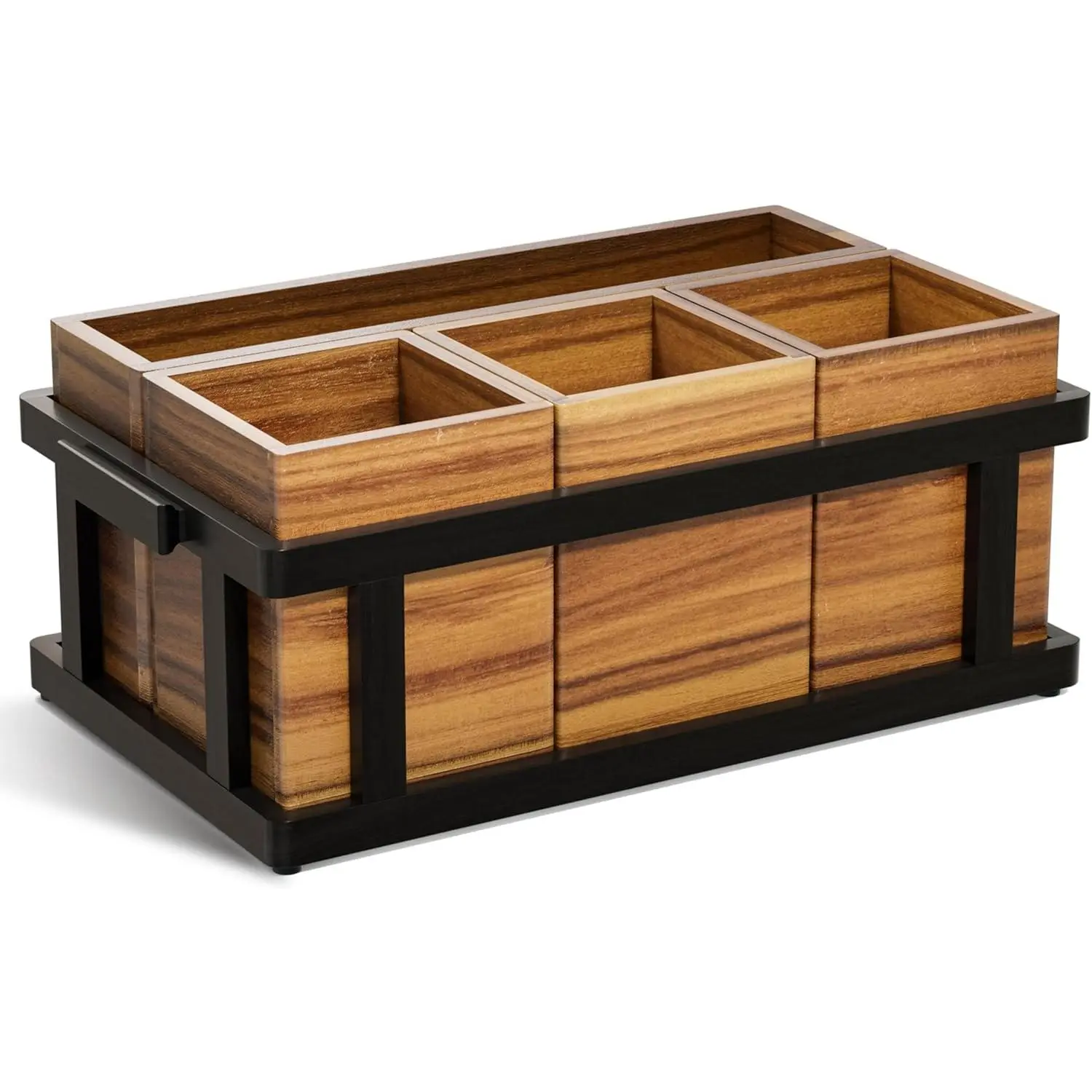 Acacia Wood Utensil Caddy for Parties, Silverware Caddy, with Paper Plate Dispenser, 4-Compartment Cutlery Flatware Organizer for Spoons, Forks, Napkins - Black Painted Wood Frame2026