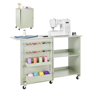 VEVOR Folding Sewing Table, Multipurpose Sewing Machine Table with Compact Design, Wheels, Wooden Pegs, Storage Trays and Shelf, Magnetic Door Lock, Craft Station and Side Desk for Home, Light Green