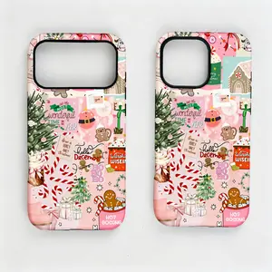 Pink Christmas Collage Phone Case for iPhone 17,16,15,14,13 Pro Max Plus - Waterproof, Cute Holiday Candy Cane Gingerbread, Festive Aesthetic Matte Protective, Peony Floral, Custom Monogram Striped Cover, Accessories, Smartphone Tough Cat, Cellphone