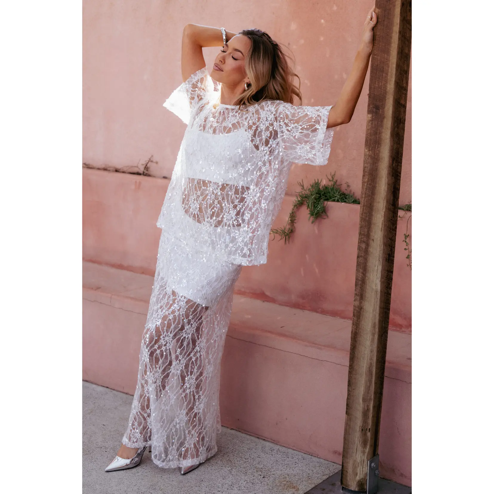 Yonder Sheer Panel Lace Maxi Skirt - White
