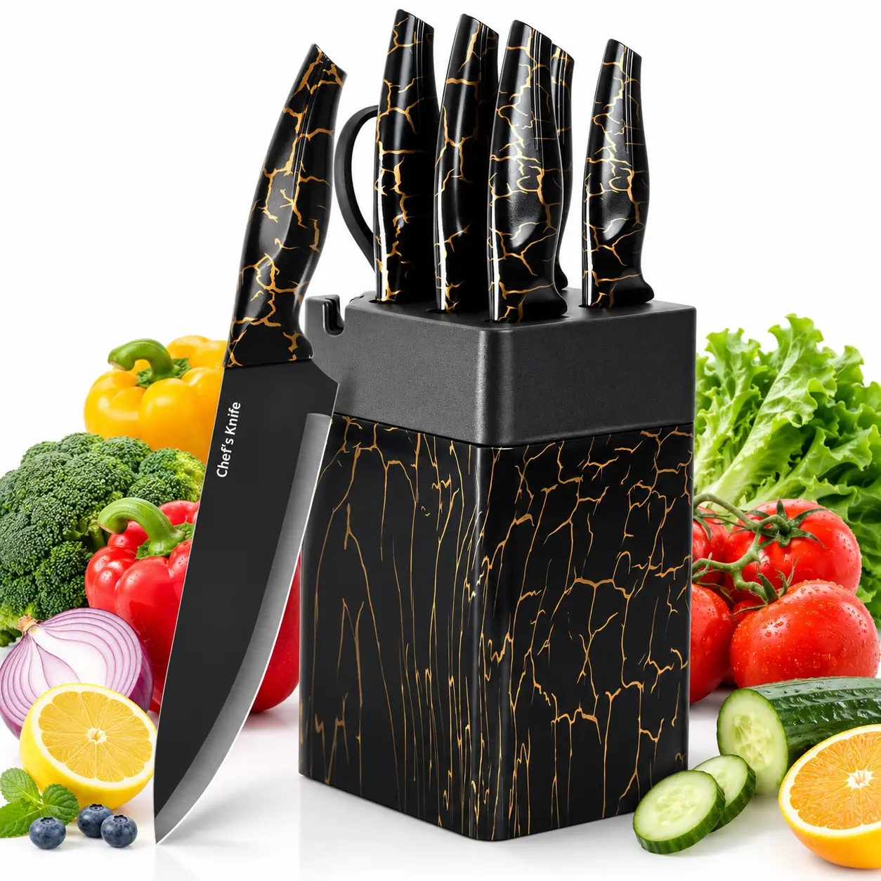 8-Piece Black Gold Marble Stainless Steel Kitchen Knife Set with Storage Block, Self-Sharpening Built-In Sharpener, ABS Non-Slip Ergonomic Handles, Dishwasher Safe Knives for Home Cutting and Slicing Tasks