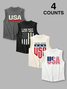 Men's 4-Pack Sleeveless Tank Tops - USA, Basketball, Patriotic Flag & "I AM NOT MOST MEN" Slogan Graphic Designs, Patriotic Apparel, Casual Sports & Daily Wear, Comfortable Relaxed Fit, Tank Tops for USA Patriot Fans, Basketball Enthusiasts, Fitted