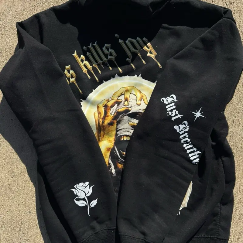 Mental Health Awareness Zip Up "Stress Kills Joy" Hoodie with Ancient Design & Rose for Comfort