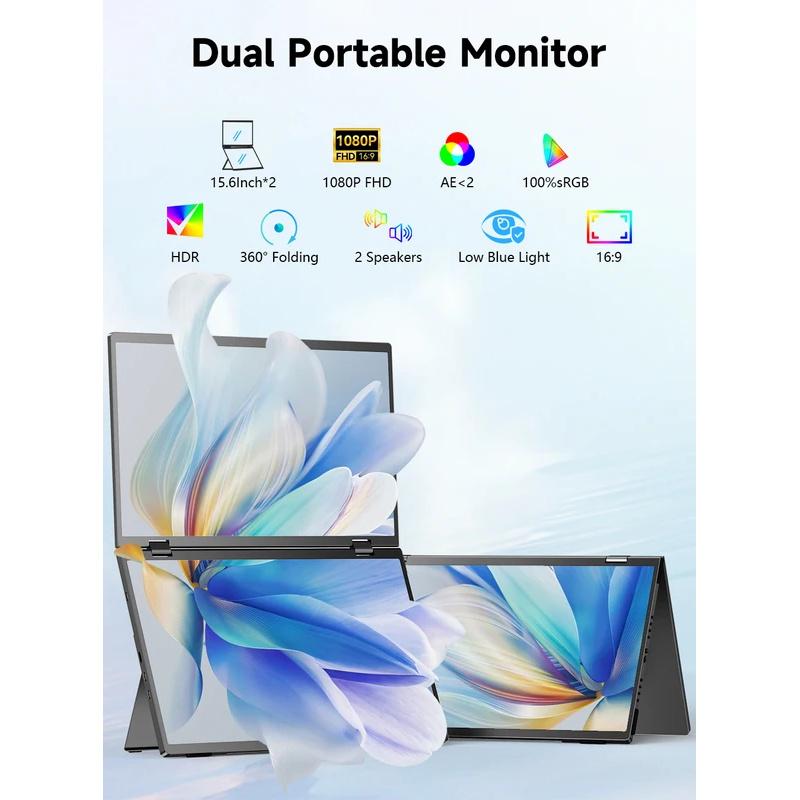 UPERFECT 15.6" Dual Portable Monitor 1080P IPS Folding Stacked Triple Laptop Screen Extender with Stand USB-C mini HDMI Plug