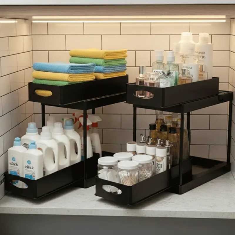 2 Pack Under Sink Organizer, Pull-Out Cabinet Storage Organizers for Bathroom & Kitchen, Multi-Purpose Under Counter Shelf Rack for Cleaning Supplies, Bottles & Toiletries, Cabinet Organizer-Black