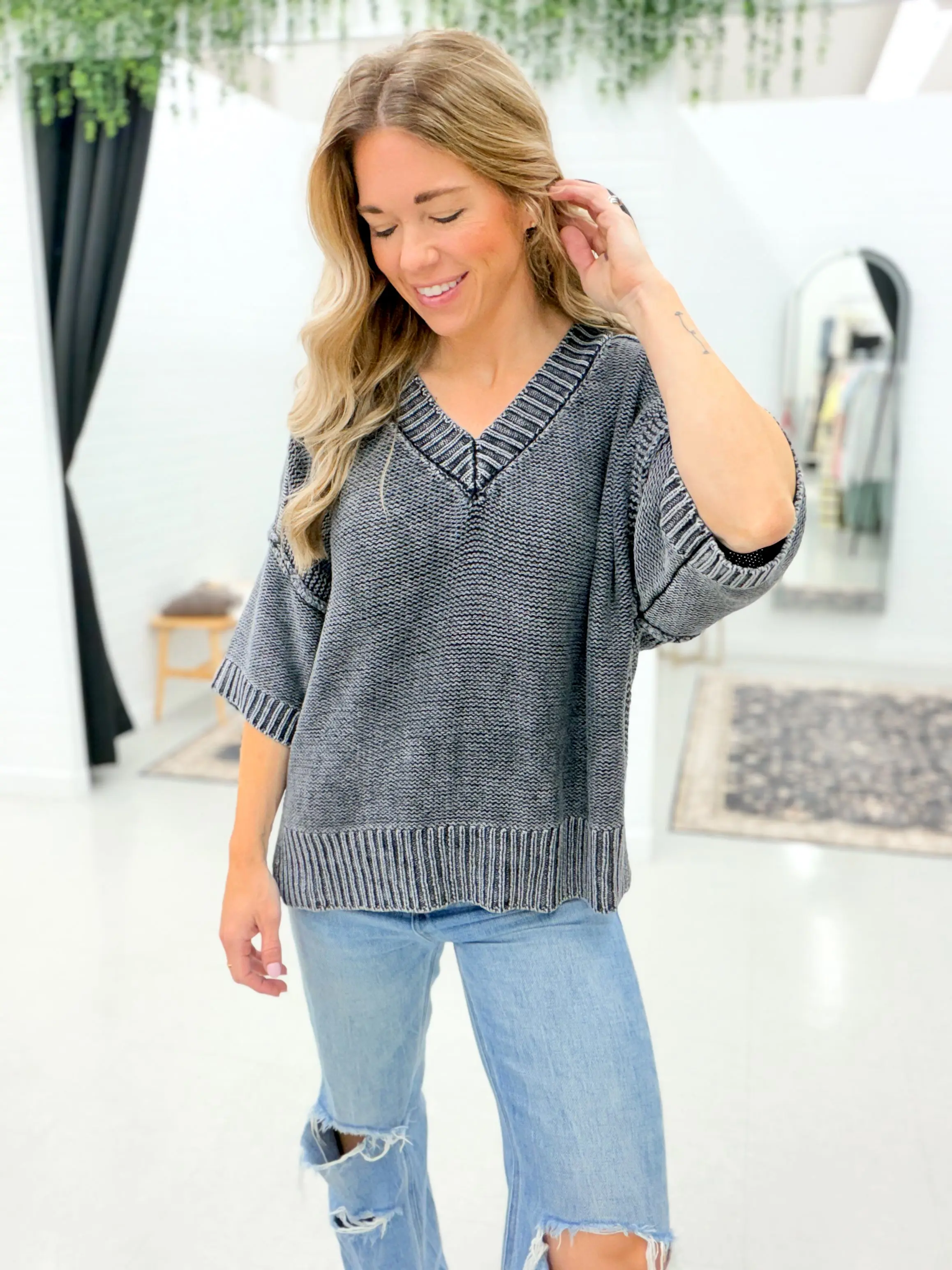 Sloane Washed V-Neck Short Sleeve Sweater Charcoal