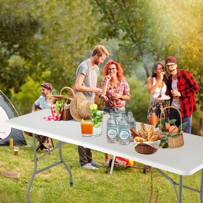 4FT/6FT Plastic Folding Table, Fold-in-Half table with handle, Adjustable Height Outdoor Camping Table for Party, Kitchen and Beach, White - Straight Legs