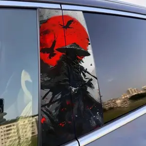 2 Red Sun Samurai Vinyl B-Pillar Stickers Decal for Cars - Scratch Resistant, Waterproof, Easy to Paste and Remove, Rectangle Anime Inspired Vehicles, Trucks, SUVs, Plastic/Metal Surfaces, Disposable Design for Japanese Sun Samurai Sunset Design